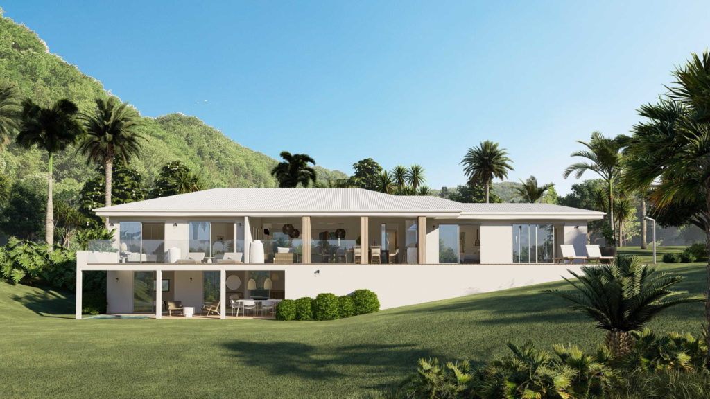 appartement signature vue de devant avec palmier et paysage - martinique location villa – villa malawi